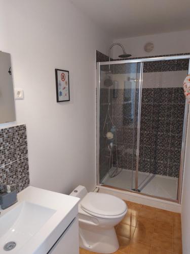 a bathroom with a shower and a toilet and a sink at "Casa Oliveiras" studio avec terrasse et piscine in Loulé