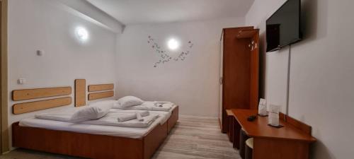 a bedroom with two beds and a flat screen tv at Vila Luna Predeal in Predeal