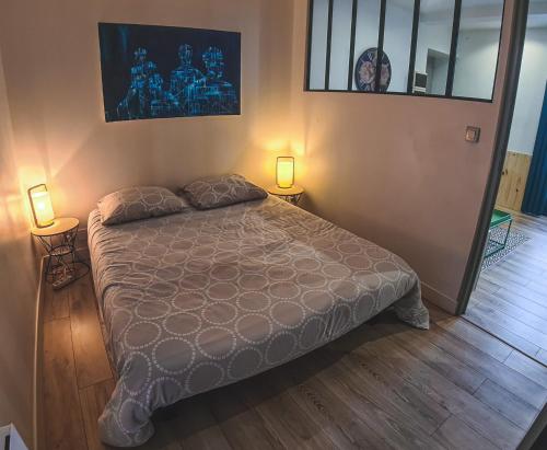 um quarto com uma cama e duas lâmpadas no chão em Appart Saint Cyprien + Parking privatif em Poitiers