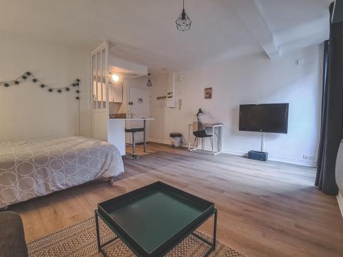 sala de estar con cama y TV de pantalla plana en Grand Studio neuf Parking Privatif 3 minutes Gare au calme, en Poitiers