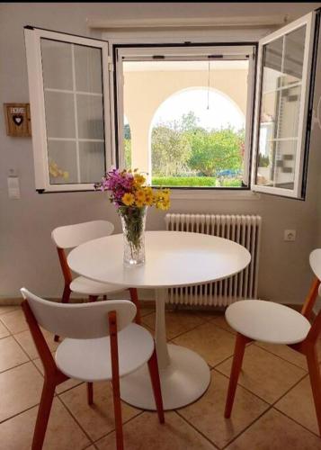 a table and chairs with a vase of flowers on it at Agios Leon Apartment 2 in Agios Leon