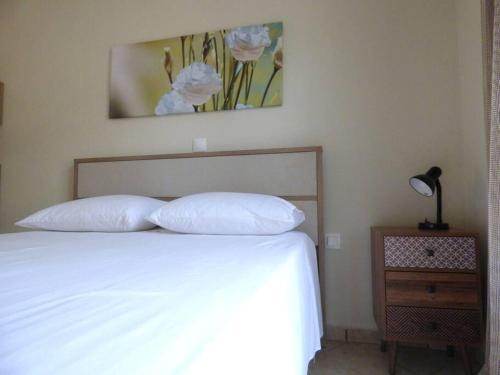 a bed with two pillows and a picture on the wall at Agios Leon Apartment 2 in Agios Leon