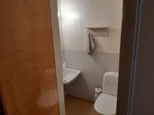 een kleine badkamer met een toilet en een wastafel bij Willa Witsari 65m2 asunto in Kokkola