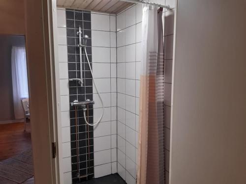 een douche met zwarte en witte tegels in de badkamer bij Willa Witsari 65m2 asunto in Kokkola