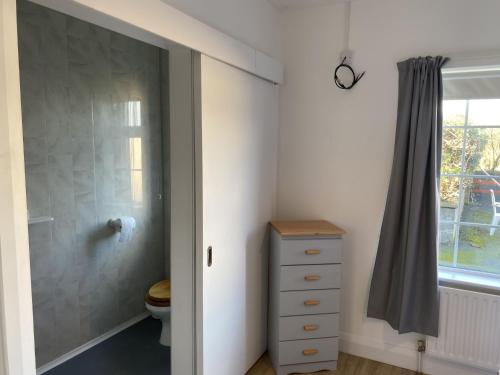 een badkamer met een douche, een toilet en een raam bij Lake Big, Five Bedroom Holiday Home Rosslare Strand, County Wexford in Mervyn
