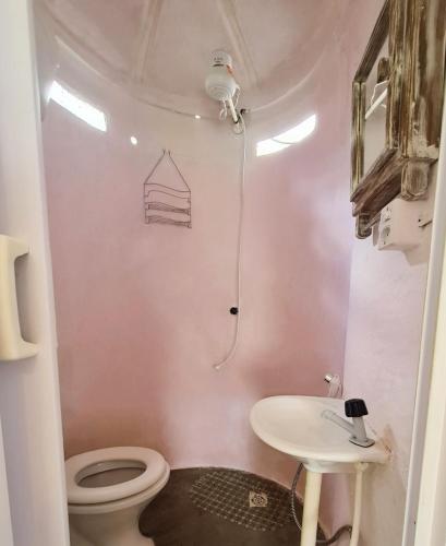 een kleine badkamer met een toilet en een wastafel bij Hospedagem Alternativa in Alto Paraíso de Goiás