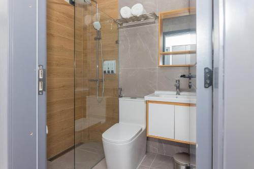 y baño con ducha, aseo y lavamanos. en Atoll Residence Dhangethi, en Dhangethi