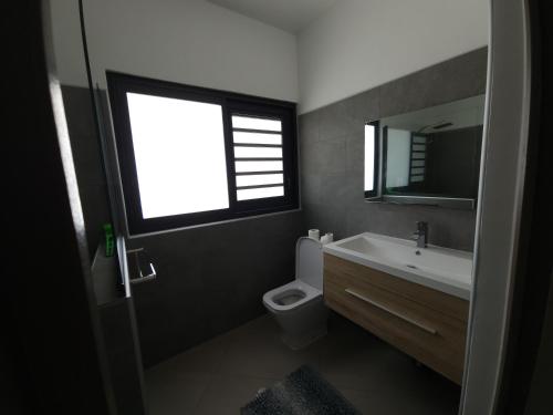 La salle de bains est pourvue d'un lavabo, de toilettes et d'une fenêtre. dans l'établissement Villa MATOANUI, à Tevaitoa