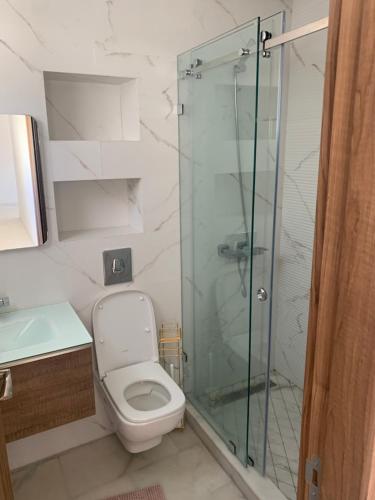 a bathroom with a toilet and a glass shower at Bord de la mer Agadir in Agadir