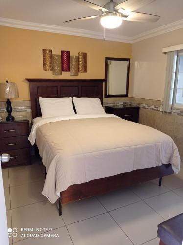 Suites Leon Rojo في تيخوانا: غرفة نوم بسرير كبير ومرآة