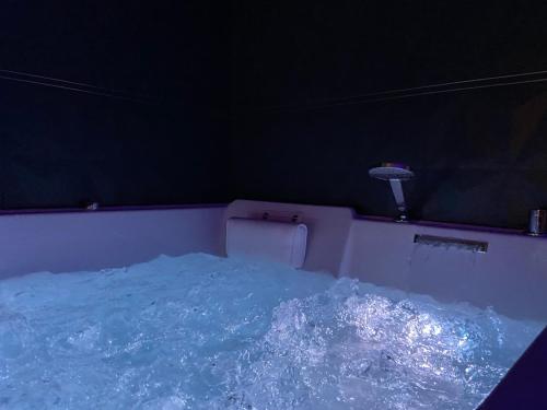 a tub filled with blue water with a shower at Privilège Spa, jacuzzi & Sauna 