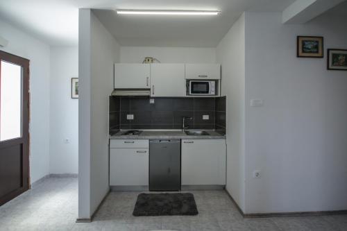 een keuken met een wastafel en een magnetron bij Apartment Tosca with Parking in Rovinj