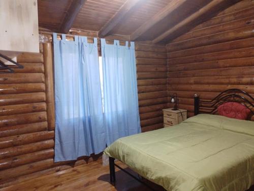 a bedroom with a bed and a window with blue curtains at CABAÑAS LAS ACACIAS in Colonia Las Rosas