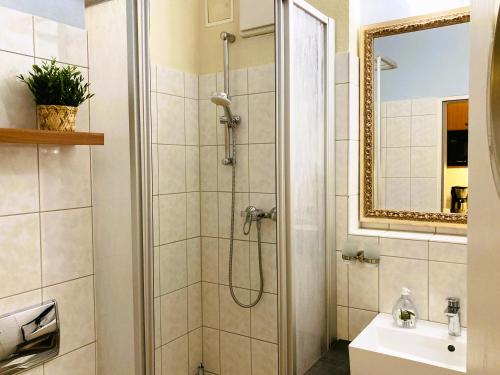 a bathroom with a shower and a sink at Ostsee Ferienappartements Dierhagen-Strand klein & fein in Dierhagen