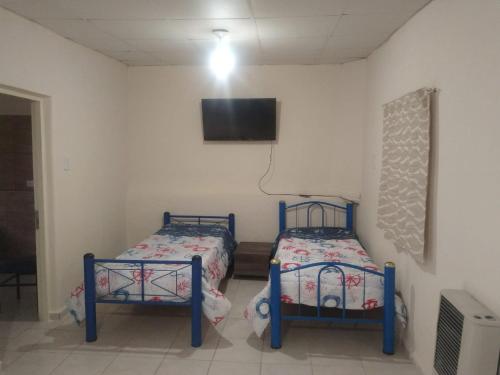 2 camas en una habitación con TV en la pared en DEPARTAMENTO MEC en San Rafael