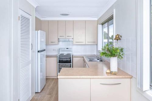 a kitchen with white cabinets and a plant in a vase at Family Tides - Old Bar Holiday Rentals in Old Bar