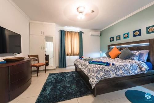 een slaapkamer met een groot bed en een televisie bij Aruba Condo The Pearl - At Eagle Beach - minute walk! in Palm-Eagle Beach