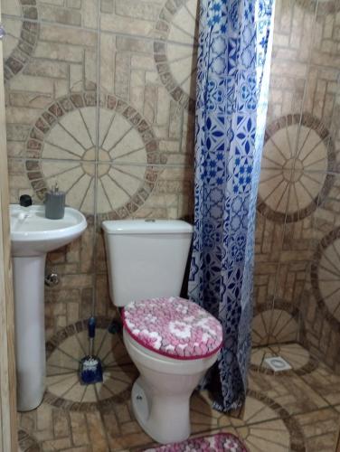a bathroom with a toilet and a sink at Recanto do Cachoeira do Nassuca in Cambará