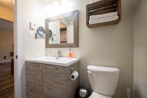 bagno con servizi igienici, lavandino e specchio di Le Contemporain a Rouyn-Noranda