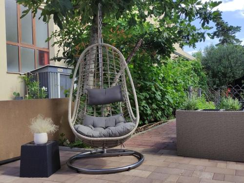 a rattan chair with a cushion in a garden at Apartments Oasis in Nin