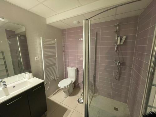 une salle de bain avec toilettes, douche et lavabo dans l'établissement Appartement cosy à Capbreton: Jardin, Terrasse, Parking, Wi-Fi, à 300m de la Plage - FR-1-413-133, à Capbreton