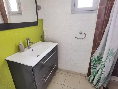 une salle de bain avec un lavabo et un miroir dans l'établissement Appartement 3 pièces, 6 couchages avec terrasse et parking privé, proche de la plage à Marseillan - FR-1-326-697, à Marseillan