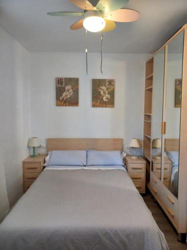 a bedroom with a bed and a ceiling fan at Verdemar Apartamento Bajo in Peñíscola