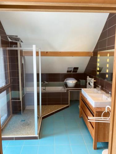 a bathroom with a shower and a tub and a sink at Maison chaleureuse au cœur du massif Jurassien in Saint-Pierre