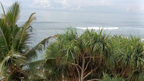 a view of the ocean from behind some palm trees at La Polena in Matara