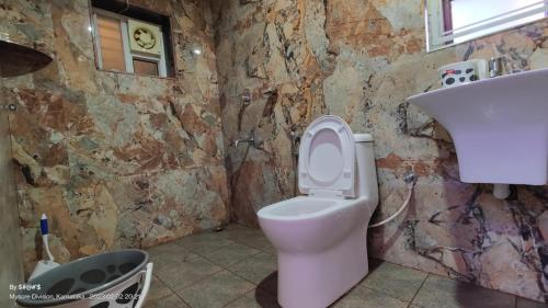 łazienka z toaletą i kamienną ścianą w obiekcie Coorg ASHOK PALACE w mieście Madikeri