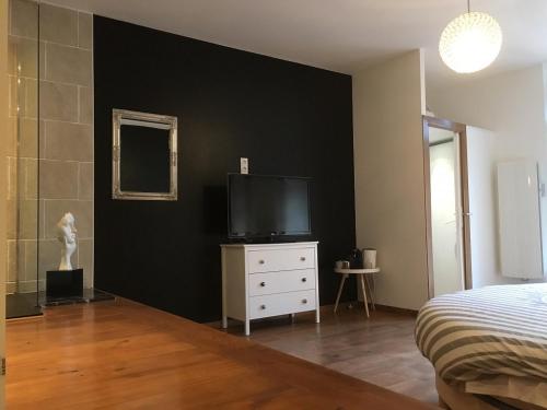 una camera da letto con TV su una parete nera di Chambre paisible avec vue sur la montagne a Conliège