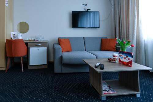 a living room with a couch and a table at Smeštaj Tank, Pančevo in Salaši