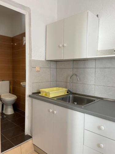 a white kitchen with a sink and a toilet at WHITE STUDIOS in Himare