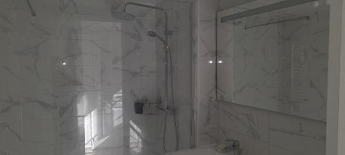 une salle de bain avec une douche avec une porte vitrée dans l'établissement GITE DE LA COMBE BASSE, à Le Masnau-Massuguiès