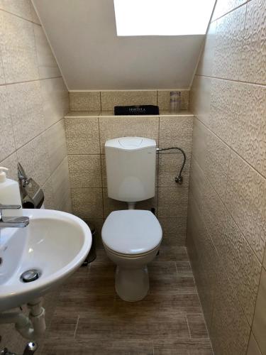 a bathroom with a toilet and a sink at Mandula Apartman in Cegléd