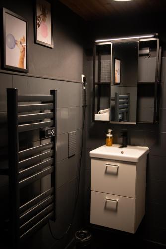 une salle de bain avec un lavabo et un miroir dans l'établissement PAUSE NATURE SORBAIS Chambre avec salle de bain privative, entrée indépendante et arrivée autonome, à Sorbais