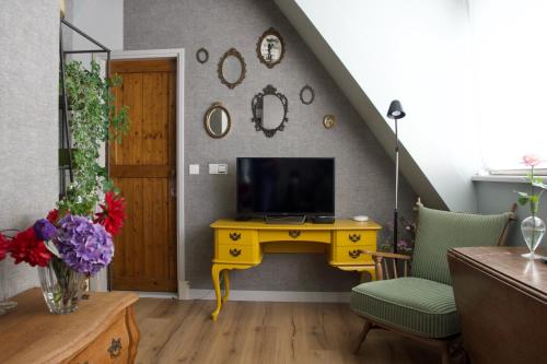 een woonkamer met een geel bureau en een tv bij Theetuin en B & B 'De Theetuin' in Wijckel