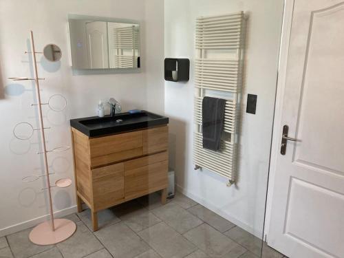 ein Bad mit einem Waschbecken und einem Spiegel in der Unterkunft La Villa Coisy in Saint-Galmier