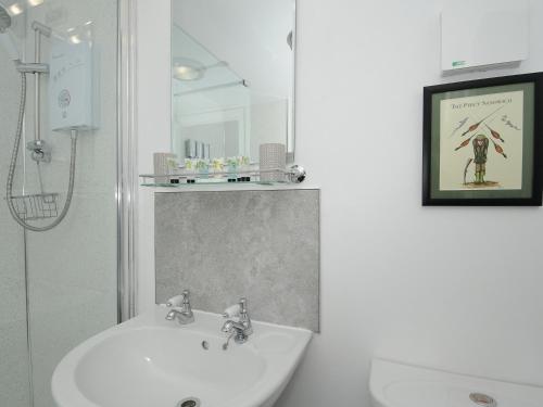 a white bathroom with a sink and a mirror at Pheasant Barn in Liskeard