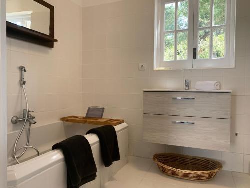 uma casa de banho com uma banheira, um lavatório e um espelho. em Casa Colina em San Antonio