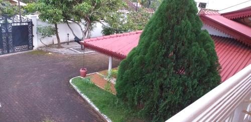 a large green tree next to a red roof at Sujee Villa White House in Beruwala