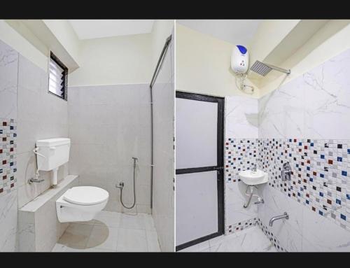 two pictures of a bathroom with a toilet and a shower at Hotel GGC INN in Ahmedabad