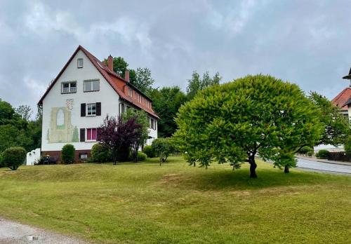 a white house with a tree in the grass at KIosterlinchen in Walkenried