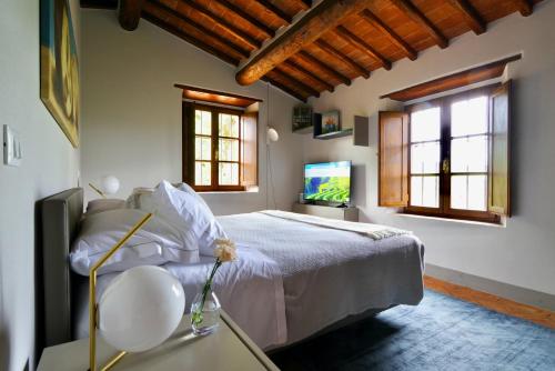 a bedroom with a bed and a tv and windows at Serena al Casalone - Arceno Rentals Club in San Gusmè