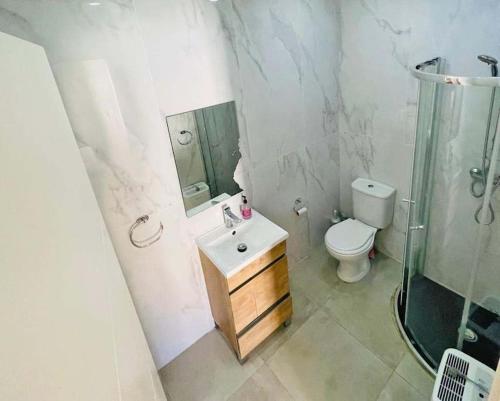 y baño con lavabo, ducha y aseo. en Spacious and beautiful flat in Gzira en Il-Gżira