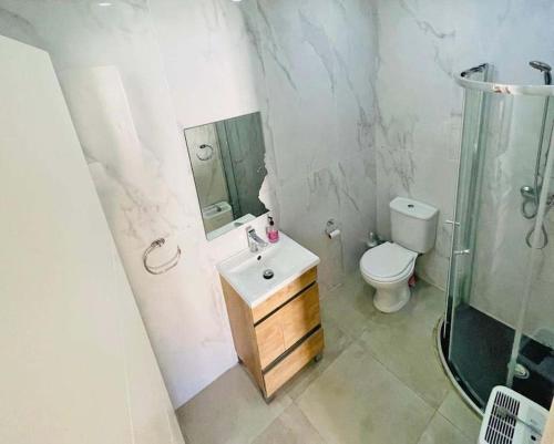 Un baño con lavabo, ducha e inodoro. en Spacious and beautiful flat in Gzira, en Il-Gżira