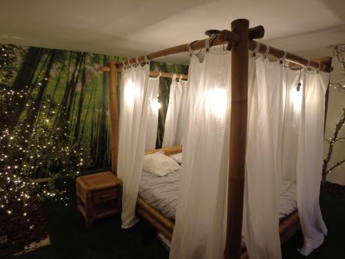 een slaapkamer met een hemelbed en witte gordijnen bij en attente in Issoudun