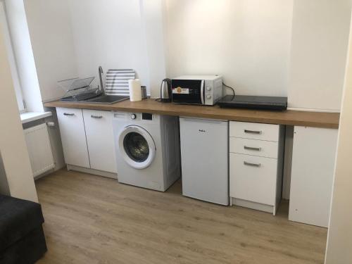 a kitchen with a counter with a washing machine at Apartament Rodzinny L7 in Kalisz