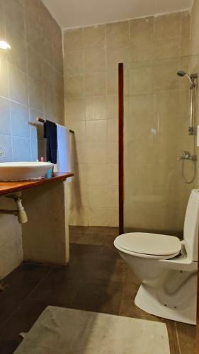 a bathroom with a toilet and a sink at Lemon Creek Hotel Resort in Bijilo