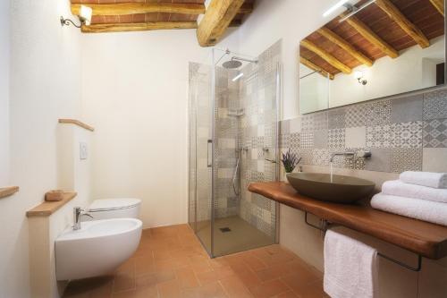 a bathroom with a sink and a glass shower at Agriturismo La Casellina in Monticchiello